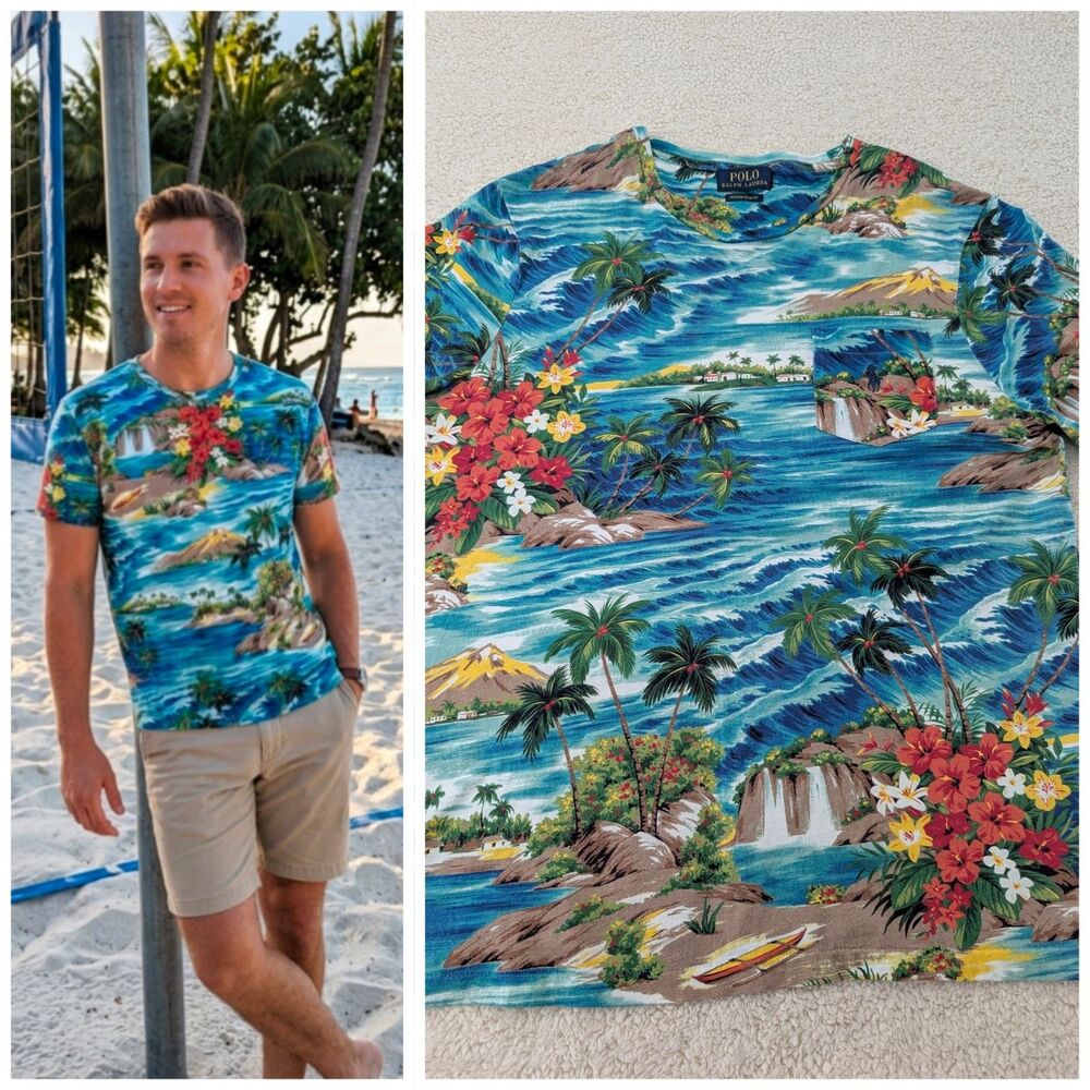 Polo Ralph Lauren Custom Slim Fit M/L ? Logo Pocket T Aloha Hawaiian Theme EUC